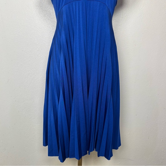 y2k flowy royal blue midi pleated dress short sleeve ruffles classy timeless - Picture 2 of 8